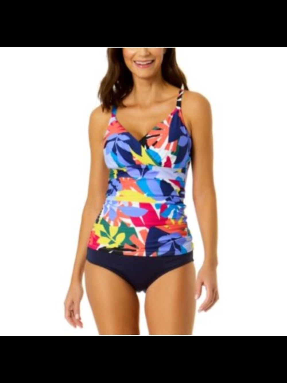 Anne Cole Multicolor Floral Tankini Top in Navy, Coral, Yellow, Blue - Picture 2 of 12